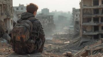 AI generated A young man sits with his back and looks at the ruins of a destroyed city. photo