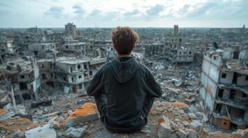 AI generated A young man sits with his back and looks at the ruins of a destroyed city. photo