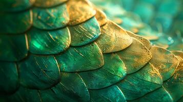 AI generated Abstract beautiful background from dragon scales. Gold and green tones. photo