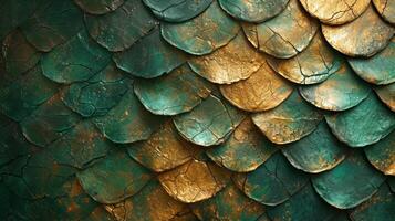 AI generated Abstract beautiful background from dragon scales. Gold and green tones. photo