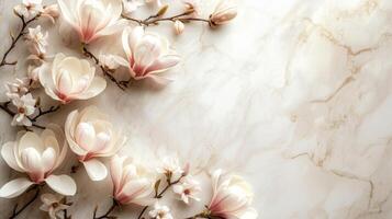 AI generated Beautiful light marble background with magnolia flowers. photo
