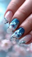 AI generated Blue modern manicure. photo