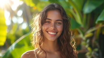 AI generated Beautiful girl smiles and looks at the camera while standing on a tropical island. photo