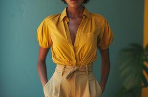 AI generated businesswoman posing in yellow shirt and tan pants. photo