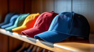 AI generated Five multi-colored baseball caps lie on a shelf in a closet in a row. photo