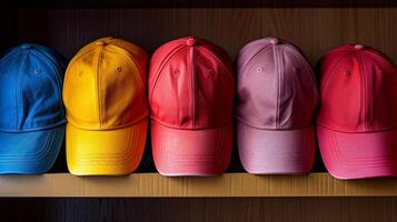 AI generated Five multi-colored baseball caps lie on a shelf in a closet in a row. photo