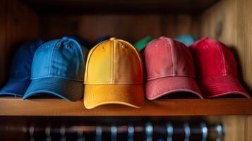 AI generated Five multi-colored baseball caps lie on a shelf in a closet in a row. photo