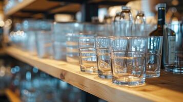 AI generated Glass elegant transparent cups stand in a row on the kitchen shelf. photo