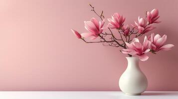 AI generated Magnolia flowers in a minimalistic white vase. photo