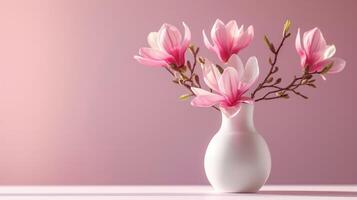 AI generated Magnolia flowers in a minimalistic white vase. photo