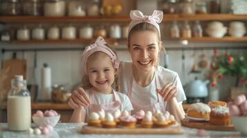 AI generated Happy mother and daughter bake Easter cakes. photo