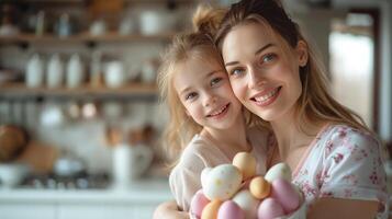 AI generated Happy mother and daughter bake Easter cakes. photo