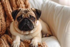 AI generated Portrait of a happy pug dog who sits on a white armchair. photo