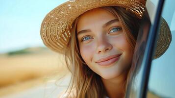 ai generado retrato de un hermosa niña en un Paja sombrero propensión fuera de un coche ventana en un verano soleado día. foto