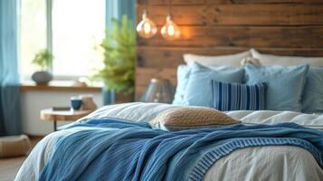 AI generated Modern bedroom. Bed with blue striped pillow and blue blanket. photo