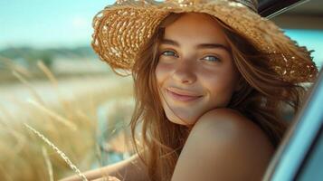 ai generado retrato de un hermosa niña en un Paja sombrero propensión fuera de un coche ventana en un verano soleado día. foto