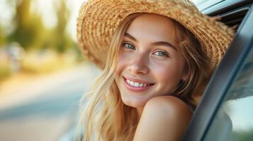 ai generado retrato de un hermosa niña en un Paja sombrero propensión fuera de un coche ventana en un verano soleado día. foto