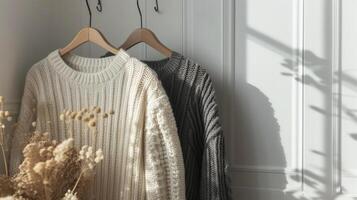 AI generated Three light sweaters hang on hangers against a light wall. photo