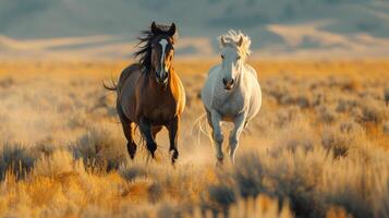 AI generated Two mustangs gallop across an endless American field . photo