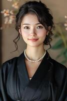 AI generated Young Asian woman in a black kimono and pearl beads on her neck. photo