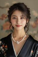 AI generated Young Asian woman in a black kimono and pearl beads on her neck. photo