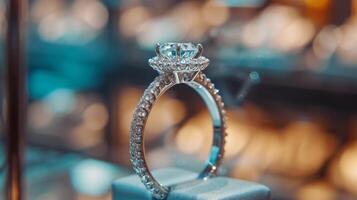 ai generado un hermosa diamante anillo soportes en un Tienda ventana. foto