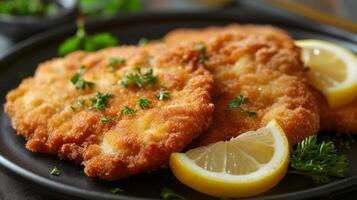 AI generated A breaded and fried veal or pork cutlet, accompanied by lemon wedges photo