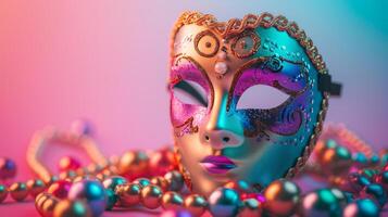 AI generated A carnival mask and beads lie on a minimalistic bright background. Mardi grass carnival concept. photo