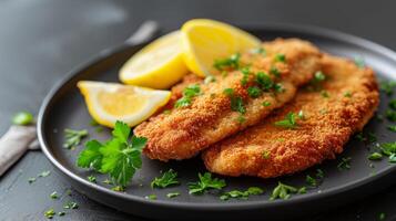 AI generated A breaded and fried veal or pork cutlet, accompanied by lemon wedges photo