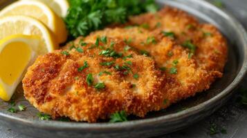 AI generated A breaded and fried veal or pork cutlet, accompanied by lemon wedges photo