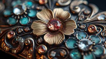 AI generated A close-up of an ornate vintage brooch, adorned with intricate engravings and shimmering gems. photo