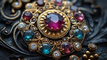 AI generated A close-up of an ornate vintage brooch, adorned with intricate engravings and shimmering gems. photo