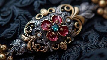 AI generated A close-up of an ornate vintage brooch, adorned with intricate engravings and shimmering gems. photo