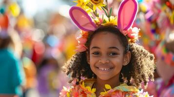 AI generated A community Easter parade with people in costumes, vibrant floats, and a joyful, festive atmosphere. photo
