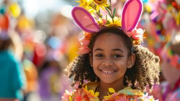 ai generado un comunidad Pascua de Resurrección desfile con personas en disfraces, vibrante flota, y un alegre, festivo atmósfera. foto