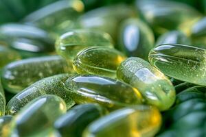 AI generated A Close-Up of Omega-3 Green Fish Oil Gel Capsules. photo