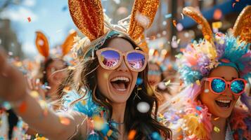 AI generated A community Easter parade with people in costumes, vibrant floats, and a joyful, festive atmosphere. photo