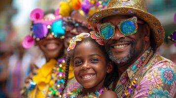 ai generado un familia en pareo carnaval trajes, sonriente y celebrando juntos en el corazón de mardi hierba foto