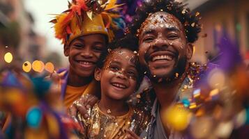 ai generado un familia en pareo carnaval trajes, sonriente y celebrando juntos en el corazón de mardi hierba foto