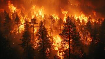 AI generated A fierce wildfire rages through a dense forest, engulfing trees in bright orange flames. photo