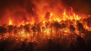 AI generated A fierce wildfire rages through a dense forest, engulfing trees in bright orange flames. photo
