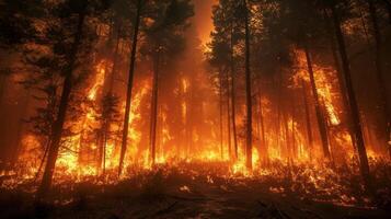 AI generated A fierce wildfire rages through a dense forest, engulfing trees in bright orange flames. photo