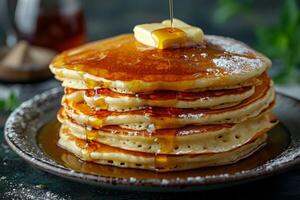 AI generated A fluffy stack of pancakes drizzled with maple syrup, topped with a pat of melting butter. photo