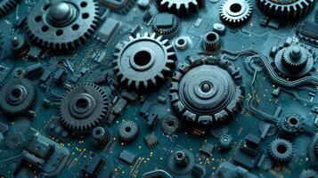 AI generated A fusion of mechanical gears and digital circuitry, symbolizing the convergence of technology and engineering. photo