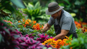 ai generado un jardinero plantando vistoso flores foto