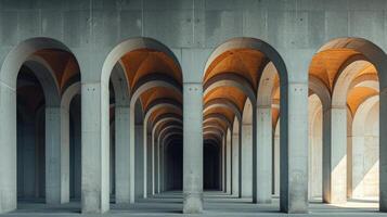 AI generated A geometric pattern of arches and pillars, reminiscent of a modernist architectural masterpiece. photo