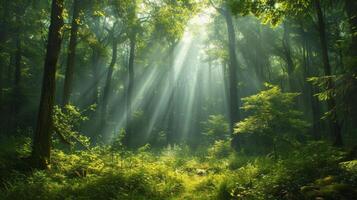 AI generated A lush, green forest with sunlight filtering through tall, ancient trees.. photo