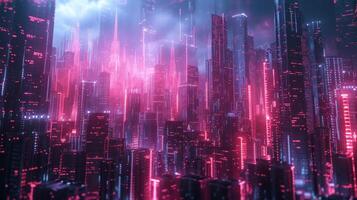AI generated A luminous cityscape with neon lights and holographic elements. photo