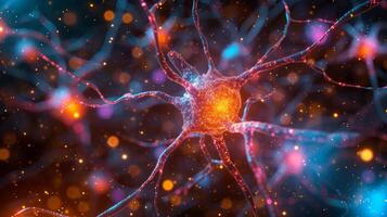 AI generated A microscopic view of vibrant, intertwining neurons in a mesmerizing neural network. photo