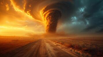 AI generated A massive tornado swirls across a barren landscape, devastating everything in its path. photo